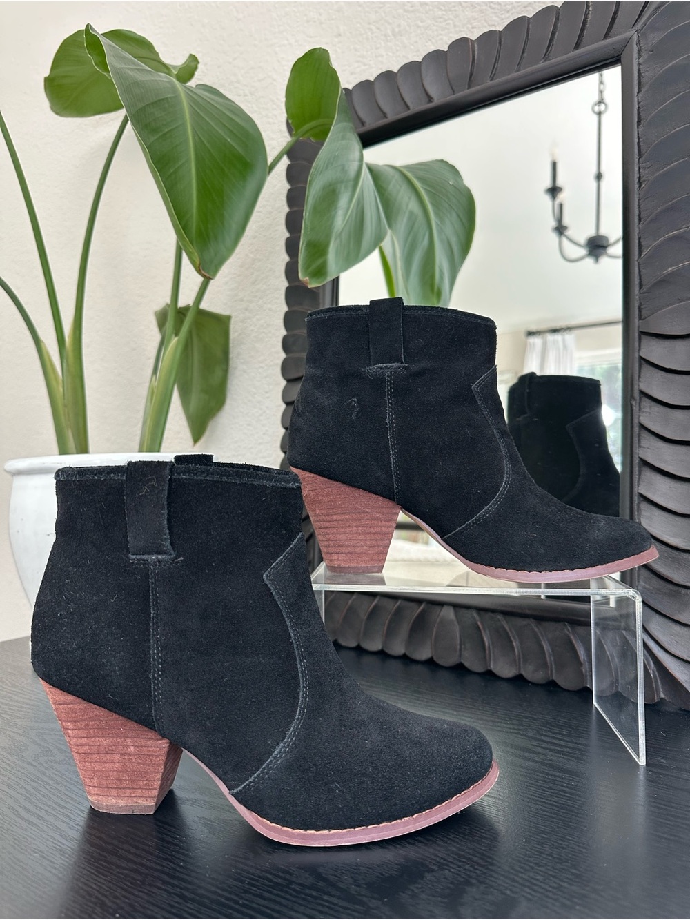 Splendid Black Suede Ankle Boots with Brown Stacked Heel